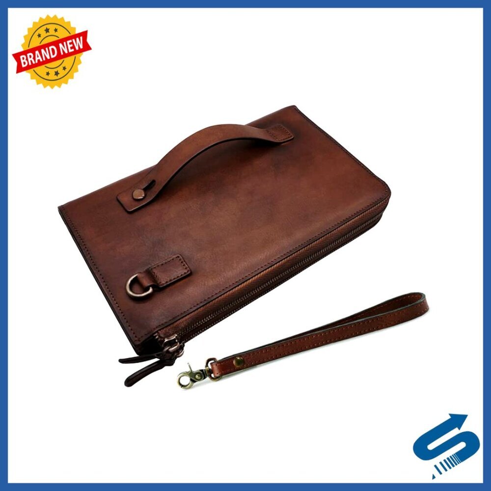 Leather Men's Wristlet Clutch Wallet with 11 Compartments